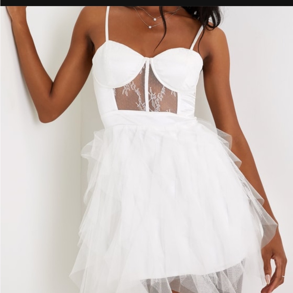 White Sheer Lace Ruffled Tulle Bustier Mini Dress